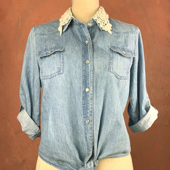 Denim Tie Front Cropped Shirt/Denim Shirt with Lace Collar/Country Style/Boho - Picture 10 of 10